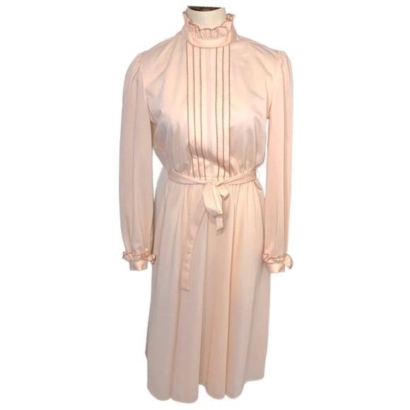 VINTAGE 70s Pink Prairie Dress Cottage Secretary Ruffle Neck Long Sleeves S/M - Picture 2 of 13